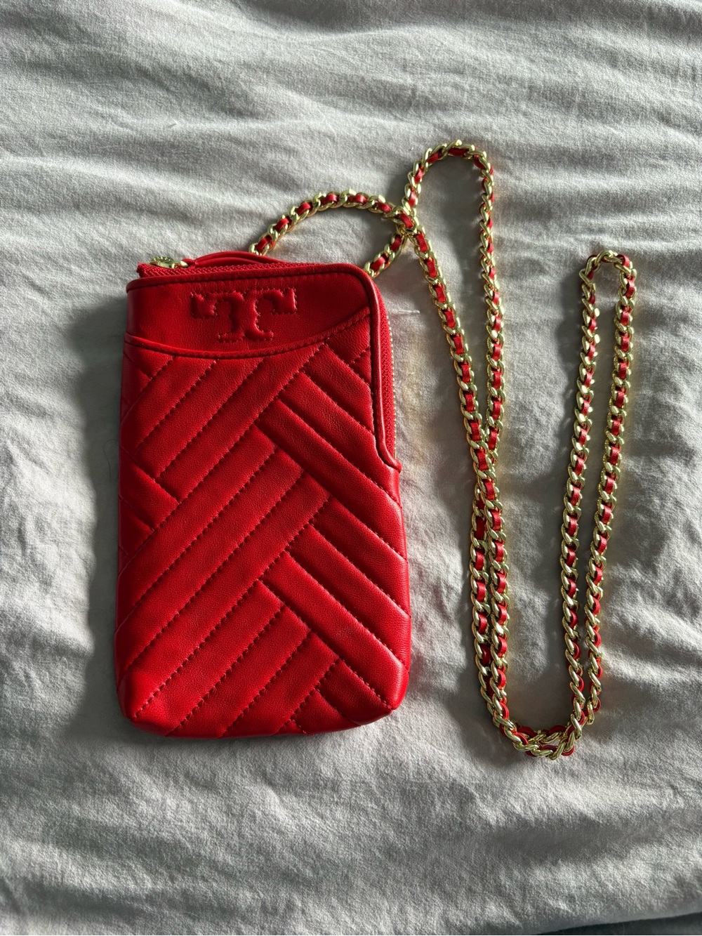 Tory Burch Alexa Phone Crossbody in Red with Quilted Chain